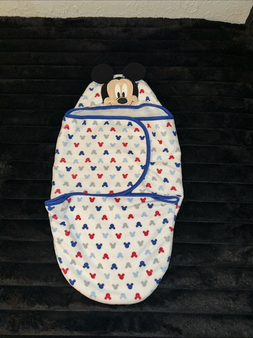 Disney White Hooded Baby Swaddle with Red & Blue Mickey Print
